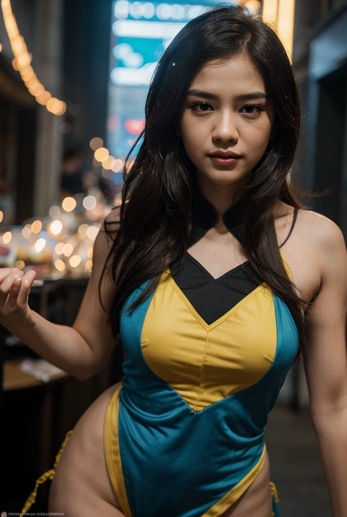 (masterpiece, best quality;1.3), extremely detailed ,ultra detailed, 1GIRL,solo, twin tail, large breast, evil smile, gundam(rx78), science fiction, mecha, , blue hair, solo, hair ornament, long hair, twin tail, gold eyes, jewelry, earrings, looking at viewer,shinjuku city background,night, many neon signs, moon base, detailed dress, micro mini skirt, from below, sitting,, bust shot,