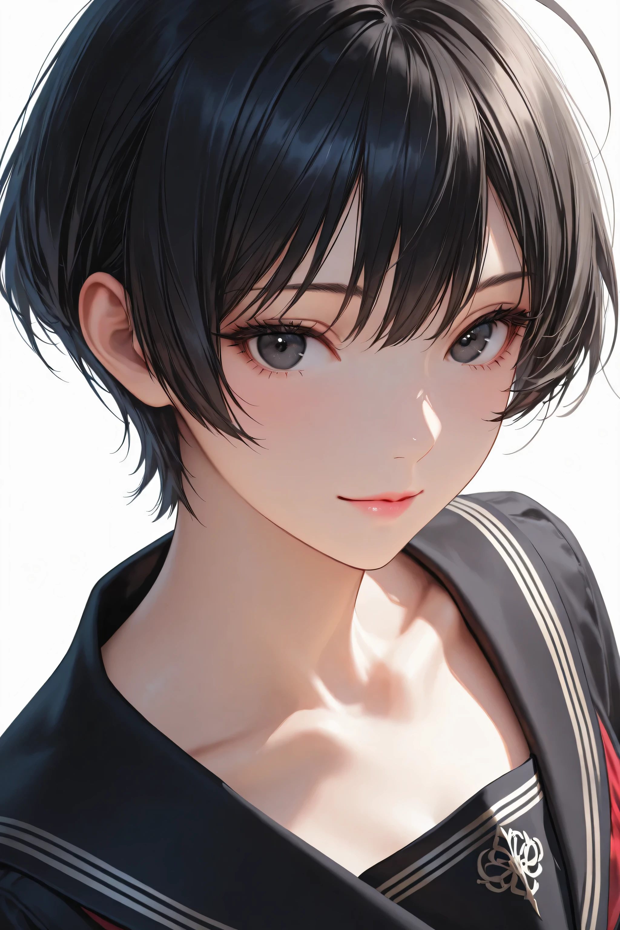 insanely detailed,
She is beautiful,
sharp focus (1.3), clear lines, crisp edges, crisp outlines, rich harmonized colors,
short choppy messy pixie cut black hair with ahoge, silky smooth texture, no white strands,
highly detailed black eyes with intricate irises and large highlights, calm and composed gaze with subtle intensity,
slender figure, fair flawless skin, soft pink lips,
calm and composed gaze, subtle intensity, alluring mystique, stunning clarity,
delicate yet undeniable strength, ethereal beauty, quiet confidence,
innocent yet captivating, pure aura, like a spring breeze—fragile, yet unyielding.
wearing a classic black serafuku,
break
black sailor collar(1.7), traditional Japanese style, no additional scarves or mufflers.
white background, soft ambient lighting.
1girl, solo, no additional characters,
Masterpiece, best quality, ultra-detailed, 8k resolution,
light smile,
face shot, front view, looking at viewer,
highly detailed face, refined body, flawless skin.