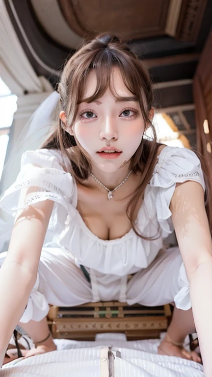 ((Highest quality)),(Ultra-high resolution),(Very detailed),(Detailed Description),((The best CG)),(masterpiece),Very detailedなアート、Small breasts、Whitening 1.5、Translucent white skin、(((Naked 1.5)))、High Leg 1.4、Ribbon hair ornament、(((Twin Tail Hairstyle 1.5)))Tying up hair、Glitter Necklace、Ultimate Beauty 1.5、(((Naked 1.5)))、Open your mouth、(((Mid shot photo 1.5)))、(((Kneeling 1.5)))、