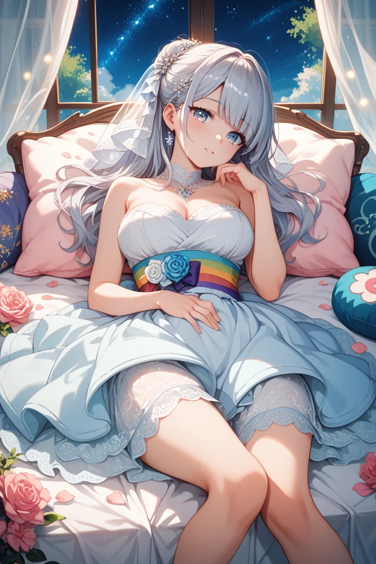 ((highest quality)), ((masterpiece)), (get used to it), perfect face , beautiful girl , Beautiful long silver hair , beautiful light blue eyes , In underwear ,  Light blue roses scattered , lie on the bed ,