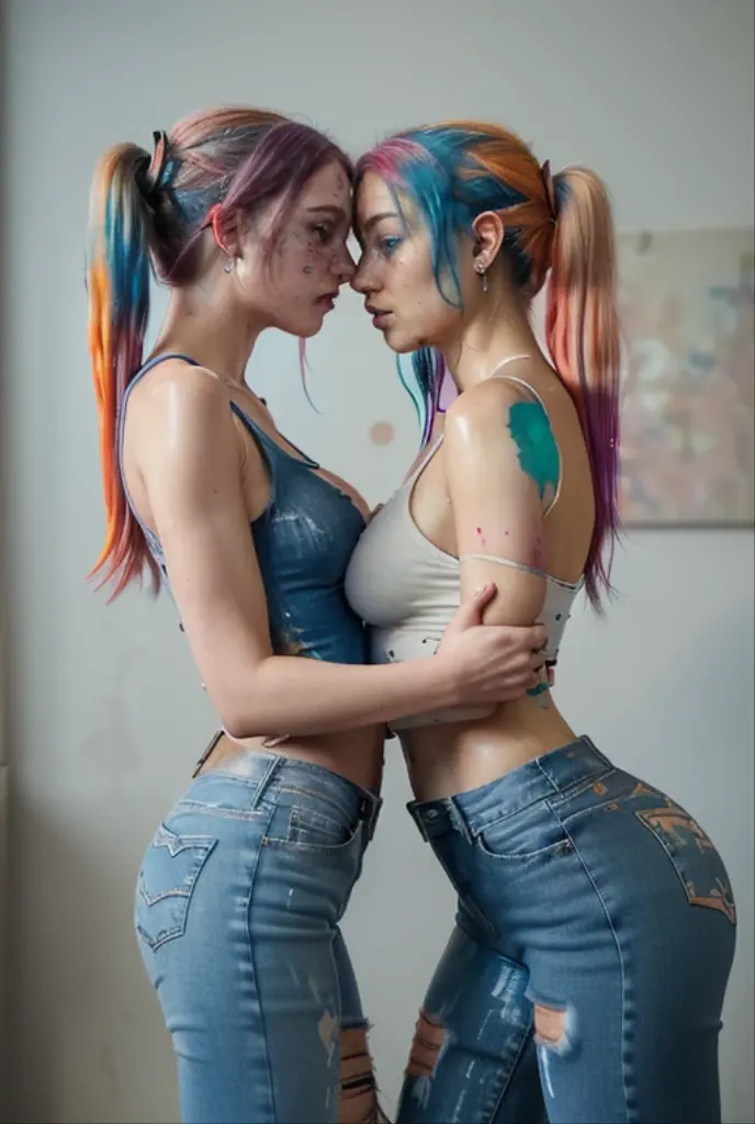 2 white tomboys european girls wearing stockings (1 ginger and 1 purple hair) showing the butt, medium Butterfly Cut hair, red hair, messy hair, big eyelashes, radiant smile, full body photo, 8k photo, tattoos, slim body, realistic,, arm full of tattoos, oiled up body, high details, cute face, teen girl, slander, best quality, photorealistic, topless, perfect eyes, tomboy, freckles, fringes, at the Champs-Élysées, tomboy, bow tie, distant focus, no chest, red lipsticks, red lips. naked, feeling pleasure, perfect crystal blue eyes , separated bodies, nude, show the butt,
