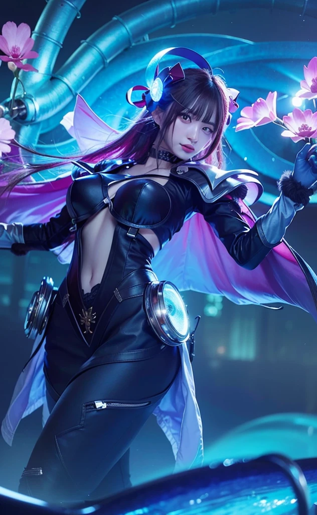 a cute robot girl, beautiful artwork, steampunk, ((masterpiece)), best quality, ultra-detailed, extremely detailed, 4K, 8K, best quality, no bad anatomy, beautiful, anime style, ((dynamic pose)), facing at viewer, laboratory, watercolor, ((retro art style)), dynamic angle, jumping, beautiful purple hair, beautiful yellow eyes, beautiful eyes, mesh, transparent hair, translucent hair, fingered gloves, earrings, necklace, smile, light smile, sparkling effect