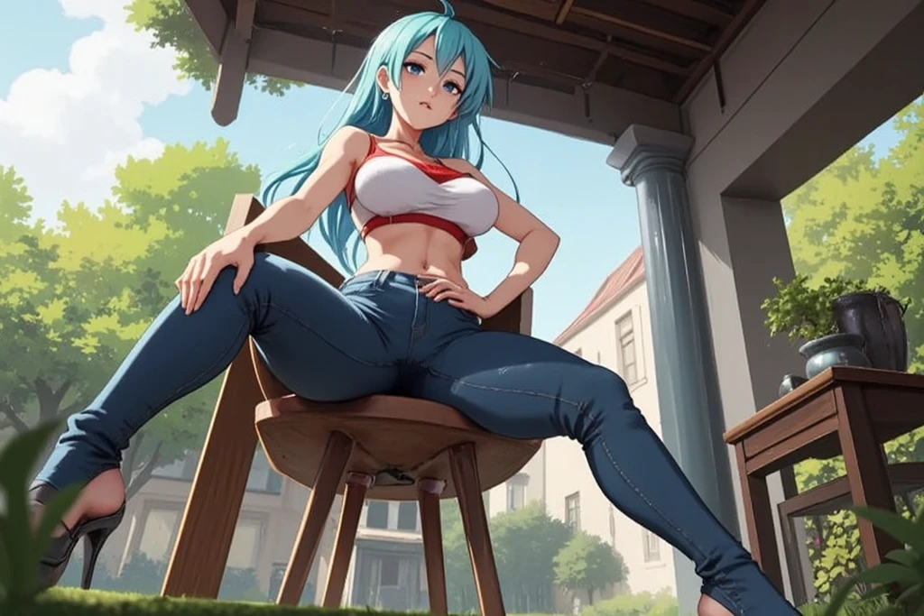 kiriko overwatch , thighs, full body, high heels, nude tits, sitting, blue jeans, wide hips