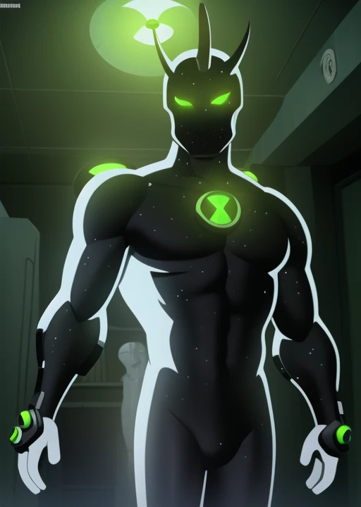 <lora:ttg-03:1> ttg, simple background, basic background, , solo, full body, green background, smiling,   <lora:alienx-10 ben10:1>  , alien x,, masterpiece, best quality