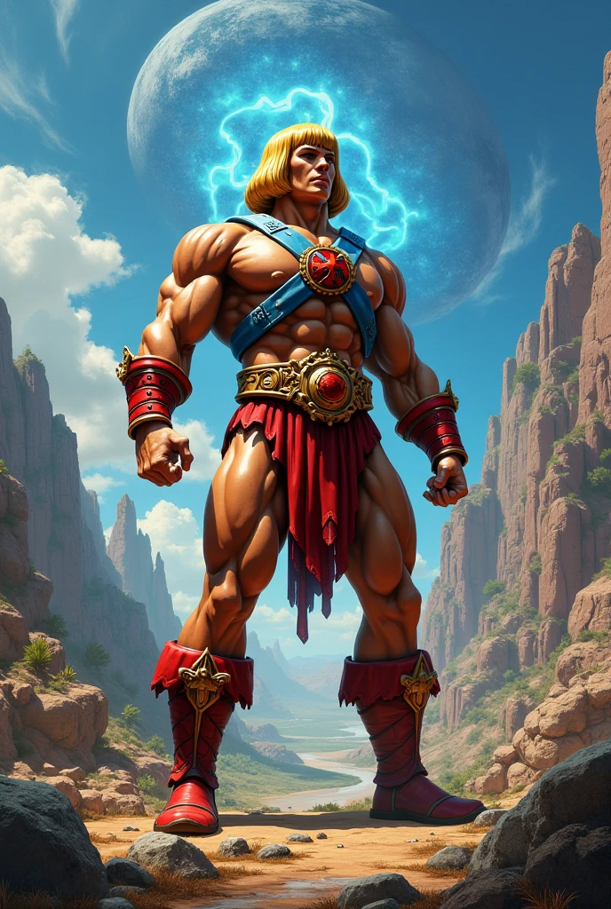 ultra-detailed, solo, realistic, full body, 1man, son he-man, super warrior, (aura, rage, staring), looking at the viewer, (fighting posture: 1.2), blonde hair, brown eyes, (torn clothes: 0.8), slightly blurry, film portrait photography, 35mm film, filmg,