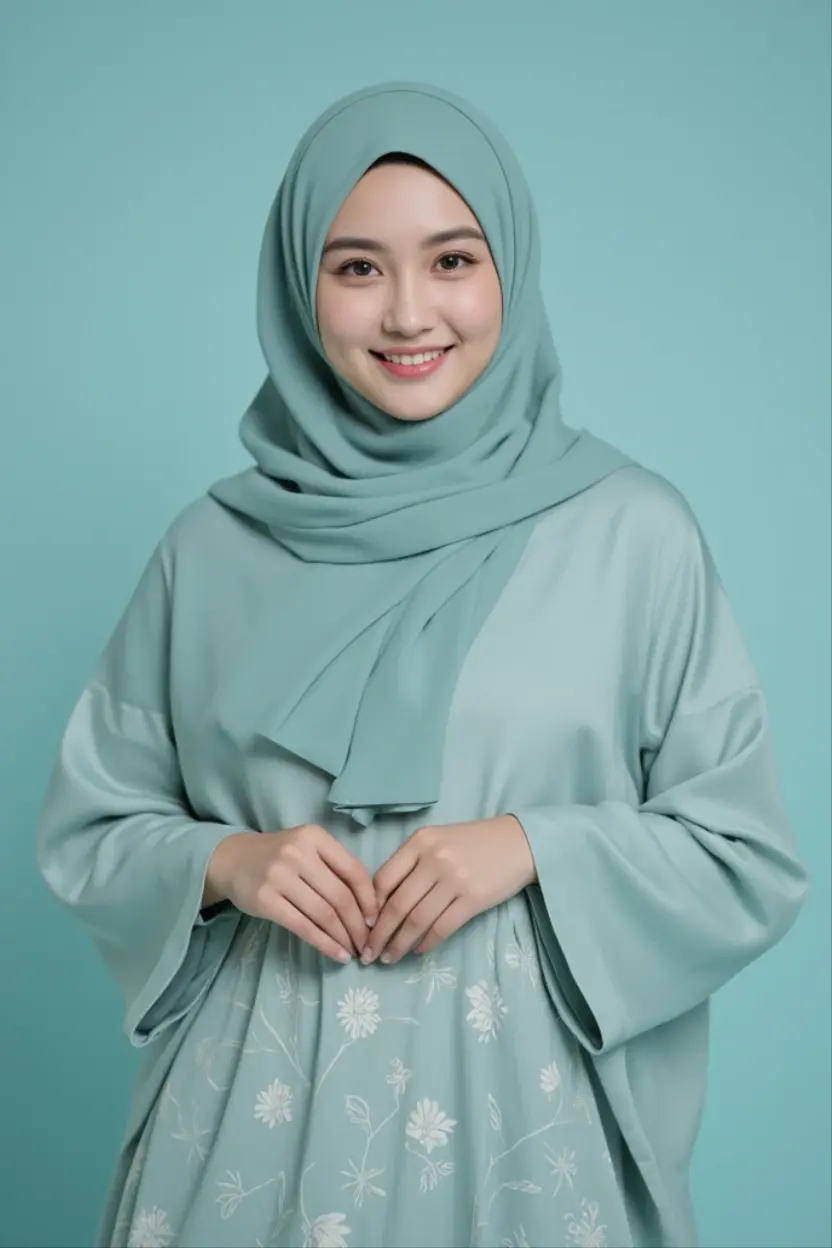 A hijabi bride wearing jewels along with hijab and wearing sage colour  dress and she should have doe eyes and cute smile full pic full dress pic from.head to toe