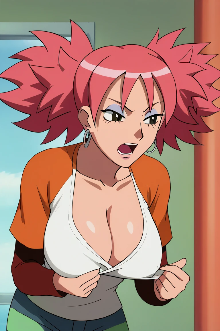 (Masterpiece:1.1, Best quality:1.1), Solo, 1girl in, (Marchen:1.2, Hunter Hunter character), Detailed brown eyes, Detailed face, (Machi role-playing:1.2, Pink hair, pony tails, ripped up white garment:1.55, gigantic cleavage breasts:1.3, humongous large breast:1.3), sandbeach