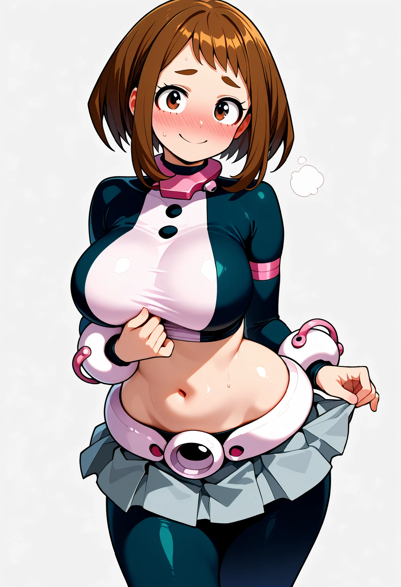 (masutepiece, Best Quality, hight resolution,, Perfect Pixel, depth of fields, 4K), Beautiful anime girl, Perfect body , uraraka ochako ,, ,,, cleavage, navel,, , , jewelry, , , sweat, , ,looking at viewer, , , ,, smile, , blush, with an extremely curvy and voluptuous figure, wearing a tight black ribbed turtleneck crop top, pleated short dark gray skirt, black tights, standing shyly while grabbing her skirt hem with both hands, slightly blushing
, looking at viewer, shiny skin, shiny hair, shiny body, clear body, nose blush, BREAST FOCUS,, tight clothes completely flat white and empty background,, bubbling breasts, SOLO, white background, empty background, LARGE BREASTS