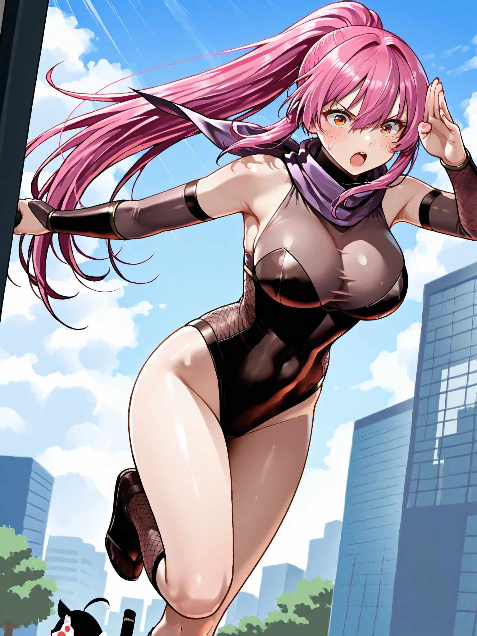 best quality, insanely detailed, nino nakano, breasts, blush, looking at viewer, cheerful eyes, arousal,long sleeve leotard, highleg leotard, athletic leotard, tight leotard, full body, spread legs, roof top background
