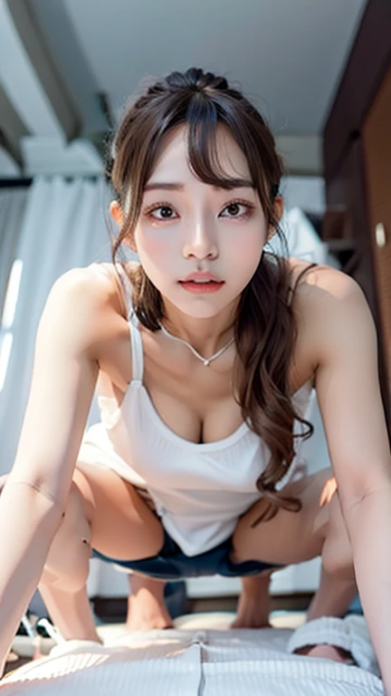 (shot from the side, facing the audience, full body). bokeh effect. Masterpiece realistic. adorable. 2 young girl. 10 years old. Round medium breast, voluptuous. mini bra, random color. hair Scrunchie. In the bed. Pose Hands are on bra cup. Realistic sweaty, sweaty body, sweaty breasts, sweaty face, sweaty face, (sweat details). Ultra high res.photorealistic:.1.4,UHD