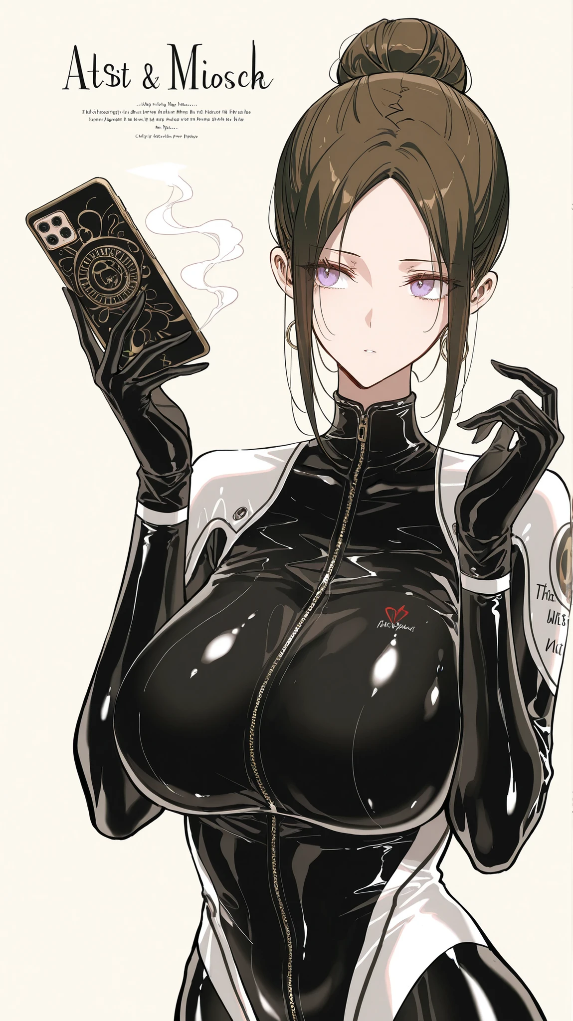 dark_art_style,chinatsu 18, brown hair, parted bangs, hairbun, purple eyes, huge breasts,,artist:kazutake_hazano, artist:danimaru,[artist:ask_(askzy)], artist:wanke, artist:wlop, artist:fujiyama, artisit:yuyu_(yuyuworks)，artist:hiten_(hitenkei),atrisit:dishwasher1910,in style of ashley wood,in style of Alex Hirsch,in style of American McGee,1girl biker_clothes bikesuit black_bodysuit bodysuit breasts cellphone cleavage dullahan english_text from_above hand_up headless holding holding_phone medium_breasts no_headwear partially_unzipped phone simple_background smartphone smoke solo upper_body yellow_background zipper_pull_tab