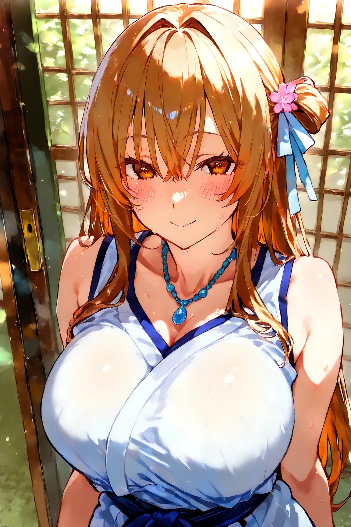 (Best quality:1.3), kitagawa, large breasts, off-shoulder yukata, cleavage, blushing:1.2, night, smiling, (pov)