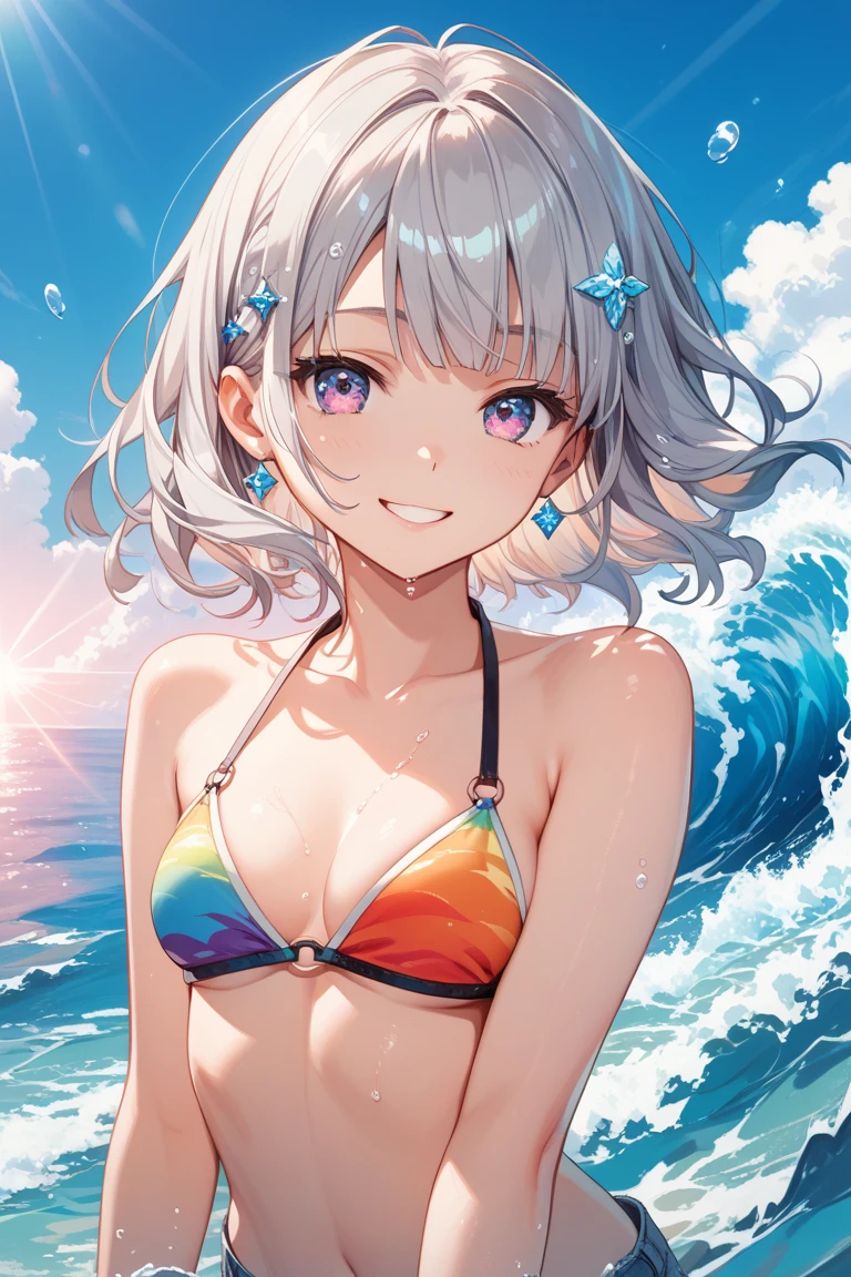 ((Two Girls)), ((Surfing on a big wave)), masterpiece, Highest quality, Highly detailed CG Unity 8K wallpapers, High School Girl Anime Illustration. Please wear a cute bikini swimsuit.., Piece Pose, She closes her eyes and opens her mouth wide, smile. white hair color, Yellow Eyes, Bokeh, Spotlight Light, In the background is a large outdoor pool with sunlight streaming in.., pastel blue sky, splash, Water Drop, Bokeh photo, (Soft Focus): 1.2, Out of focus highlights, Dreamy atmosphere, Fascinating Depth