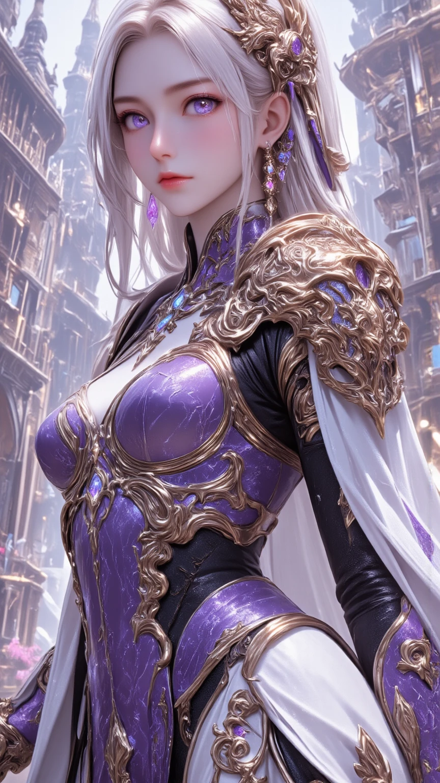 realistic, 1girl, white hair, purple eyes, glowing eyes, crop top, skirt, parted lips, blush, night, flowers, sun, sunlight,