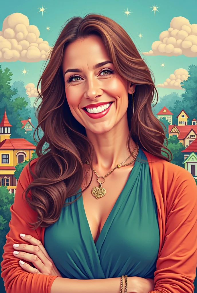Realistic portrait of a beautiful woman, casual and relaxed style, with loose and wavy hair, a gentle smile, wearing a pearl necklace, in a lush garden, dancing gracefully.
