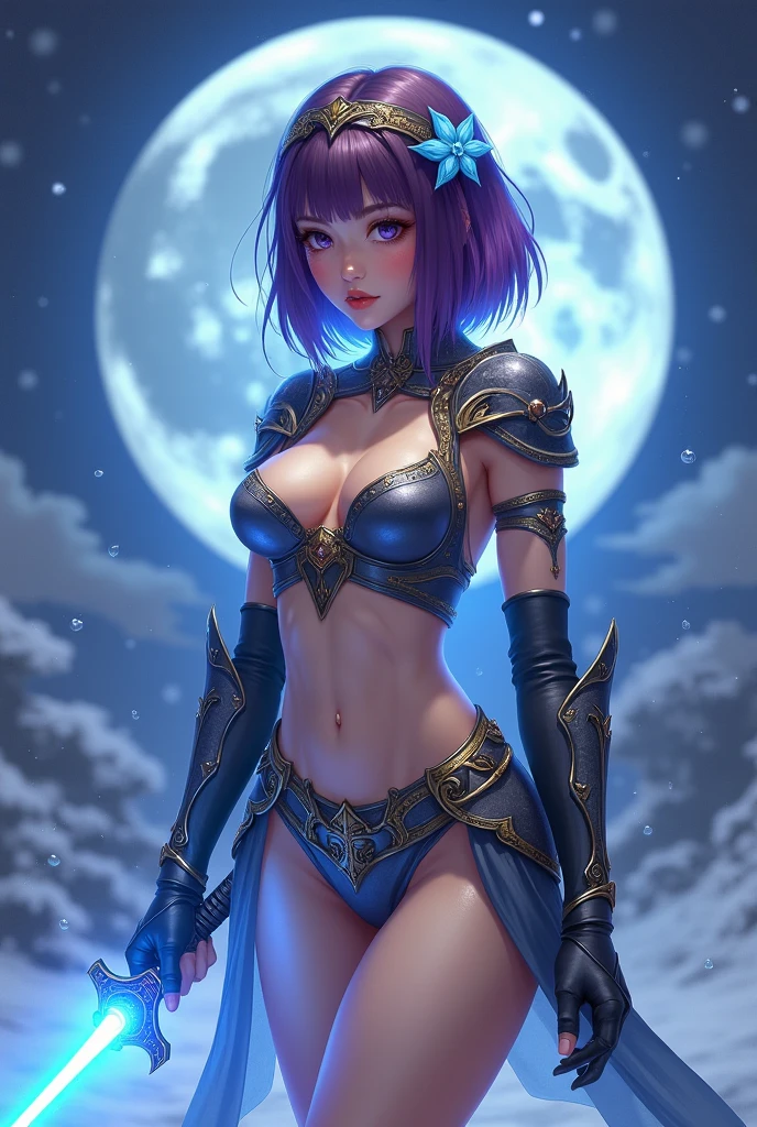 best quality, ultra high res, photorealistic, sfw, armored wizard, magical tattoos, apprentice, 1girl, looking at viewer, upper body, slender, small breasts, purple hair with white stripes, white croptop, (dark and moody universe:1.3), (elden ring style:1.3), (warhammer style:1.1), floating rocks, glowing pebbles, fiery dust, concept artist, global illumination, depth of field, gloomy, unsettling, splash art, art by artgerm and greg rutkowski and viktoria gavrilenko, scary smile, purple light, rule of the thirds