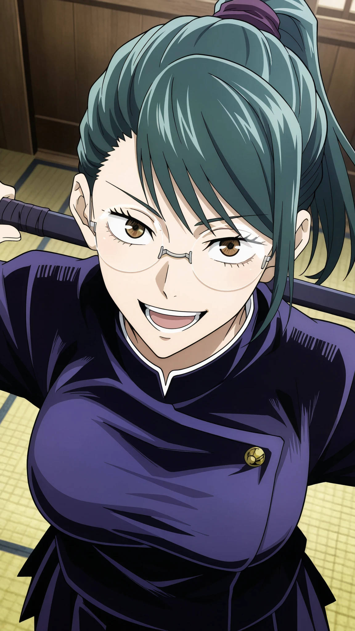 maki zenin,jujutsu kaisen
High quality , best quality , masterpiece, High Resolution , detailed face( LoRA: maki),anatomically correct, detailed hair Style( LoRA: maki),anime Coloring,
solo, 1 girl,
brown eyes, glasses, green hair, ponytail,, breast,
school uniform, holding a weapon
looking at viewer ,close up,upper body,from above
, Japanese-style room
, smile,open mouth,,
,spread arms,