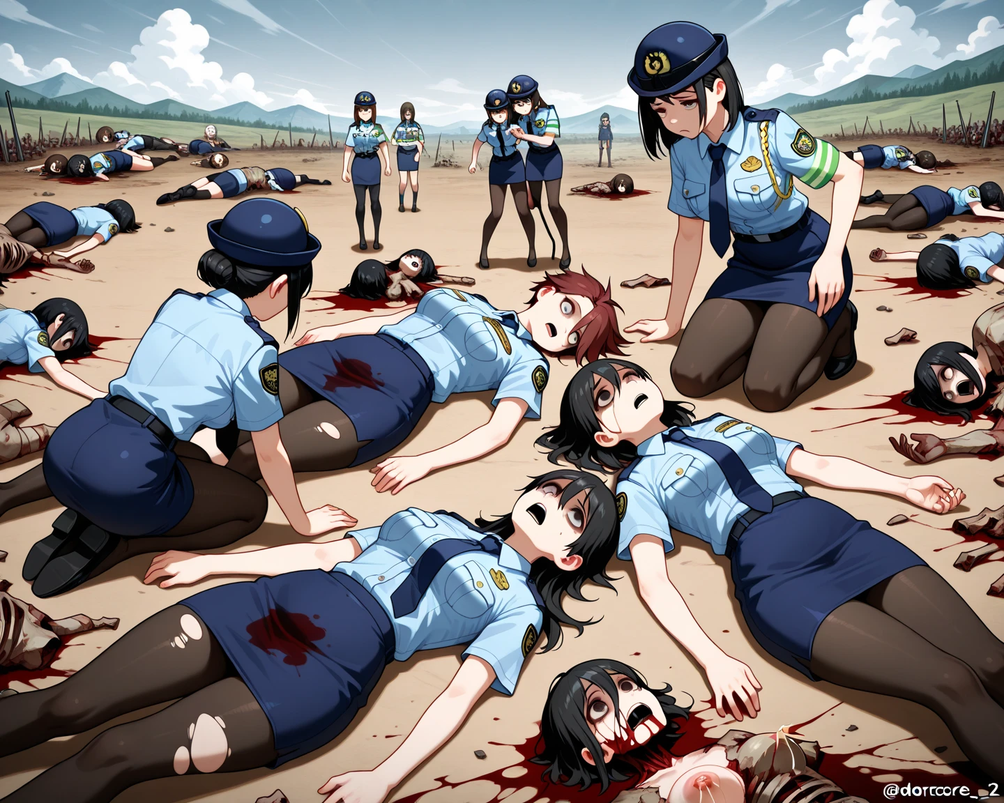 Scene 11: A medium shot of the female detective and her partner lying on the ground, covered in dust and debris. The female detective says “Are you okay?” The partner says “I'm still alive, how about you?”