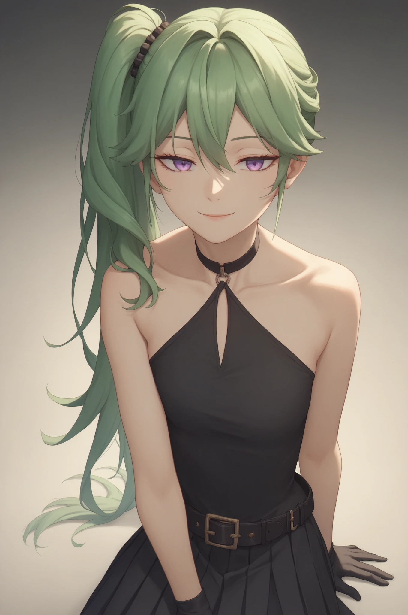 Young woman, long slightly wavy green hair, purple eyes,black bodycon short dress with short purple sleeves, black and purple corset.