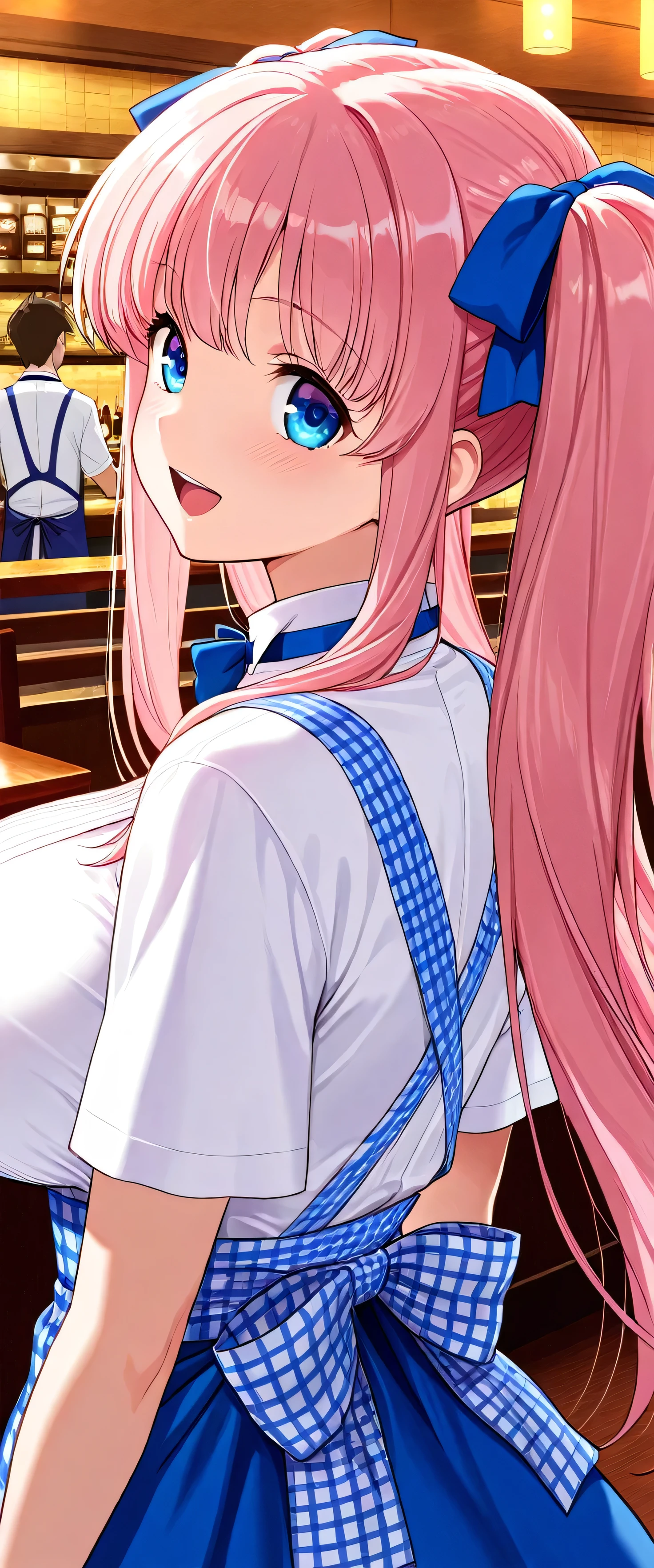 (beautiful girl: 1.3),masterpiece,Please redeem,Ultra-high resolution,Rich contrast,Very high quality,8k,Highly detailed CG unit wallpaper,Texture,So ridiculous,RAW Photos,Please redeem anime,Depth of written boundary 1.2,nodoka_haramura, 1girl, pink hair, twintails, long hair, blue eyes, ribbon on twintails, huge breasts,crew, blue bow, blue bowtie, white shirt, short sleeves, blue skirt, blue apron, gingham apron, employee uniform, high-waist skirt, waitress,kobeya uniform,restaurant,wide eyes,Open your mouth wide,(From behind:1.5),smile,(upper body:1.5)