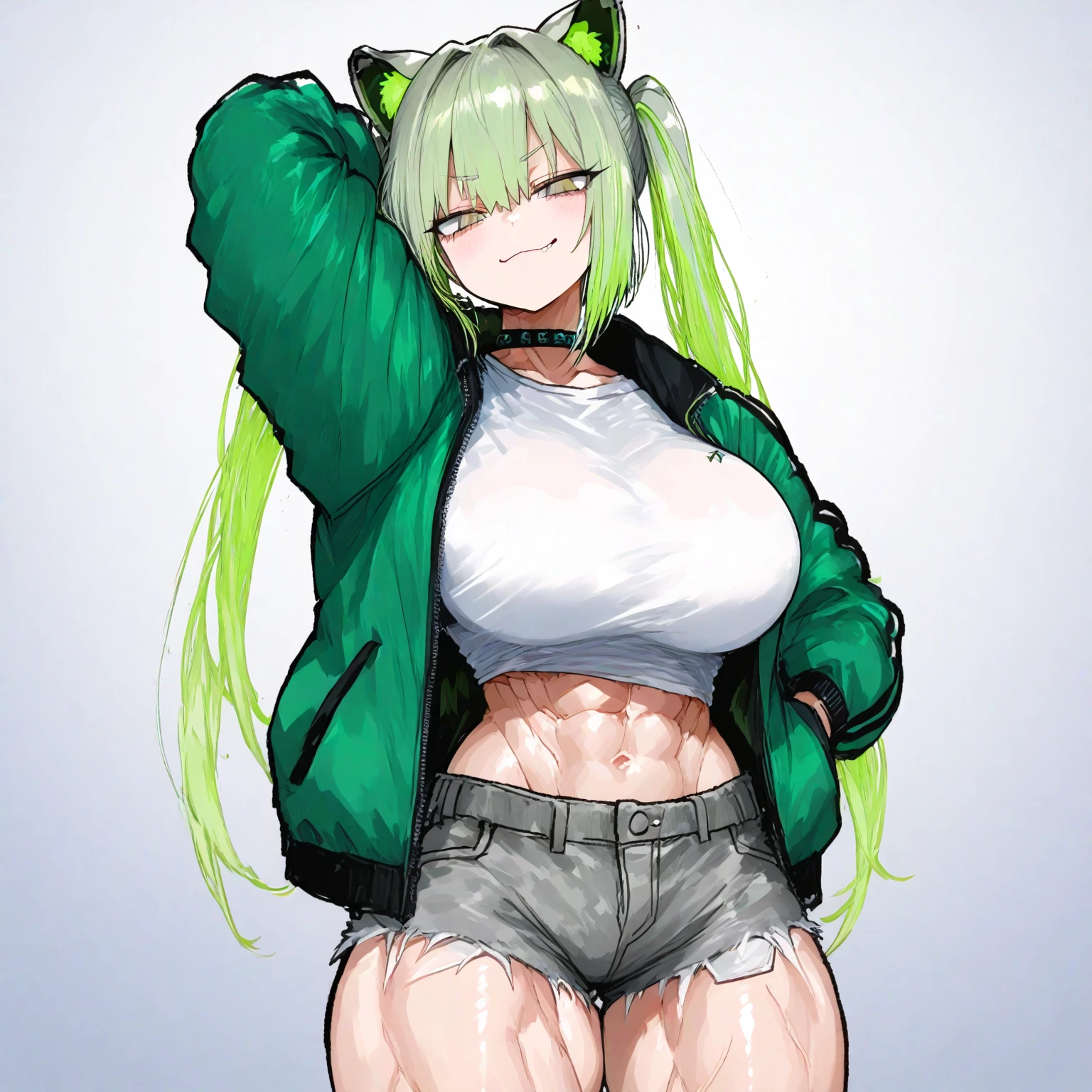 Dark Brown skin tanuki girl, dark brown skin, brown skin, african american, hazel eyes, green long hair, green space buns, curly green hair, 25 years old, chubby, curvy, fat, plus sized, big butt, big breast, laying on bed , girl, gold circle glasses , facing camera, explicit, bear hoodie, jean shorts, thigh high socks, collar on neck , grinning, cleavage showing, holding cigar, vfx, high def, best quality, high angle, atmospheric lighting, girly boy, wearing combat boots, holding lit cigar