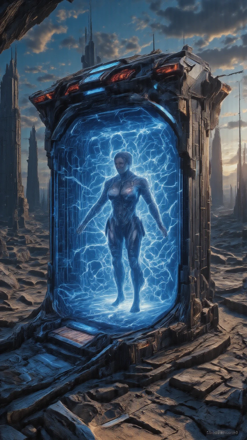 dark erotic artwork, rear angle, a highly detailed painting of a pale skin woman with disheveled black hair, looking back at viewer, with crazy look, wearing a hospital gown, ((stepping through a glowing blue portal into hell)), sci-fi, surrealism, oil on board, muted colors, ambient light, from behind, (by Brom:1.1)