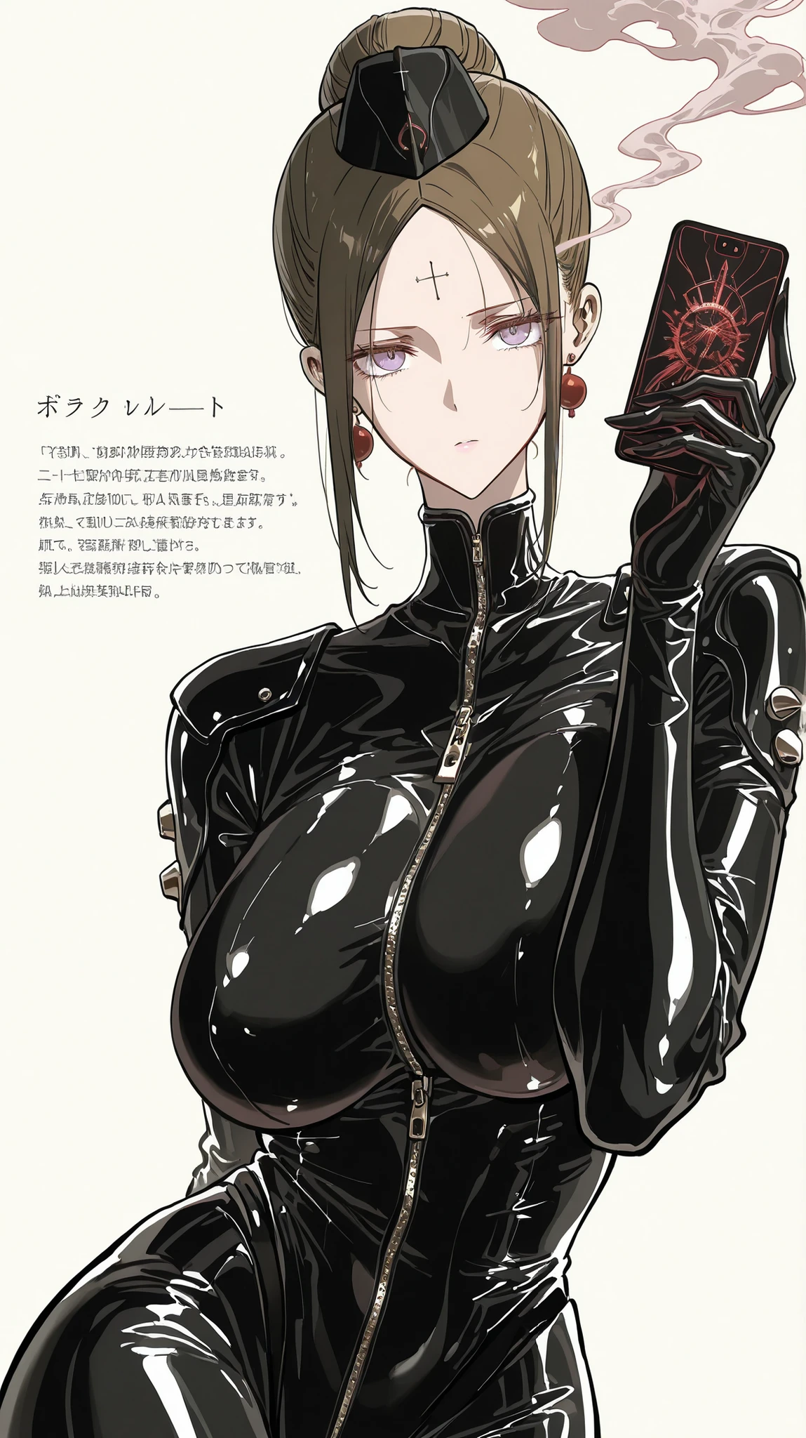 dark_art_style,chinatsu 18, brown hair, parted bangs, hairbun, purple eyes, huge breasts,,artist:kazutake_hazano, artist:danimaru,[artist:ask_(askzy)], artist:wanke, artist:wlop, artist:fujiyama, artisit:yuyu_(yuyuworks)，artist:hiten_(hitenkei),atrisit:dishwasher1910,in style of ashley wood,in style of Alex Hirsch,in style of American McGee,1girl biker_clothes bikesuit black_bodysuit bodysuit breasts cellphone cleavage dullahan english_text from_above hand_up headless holding holding_phone medium_breasts no_headwear partially_unzipped phone simple_background smartphone smoke solo upper_body yellow_background zipper_pull_tab