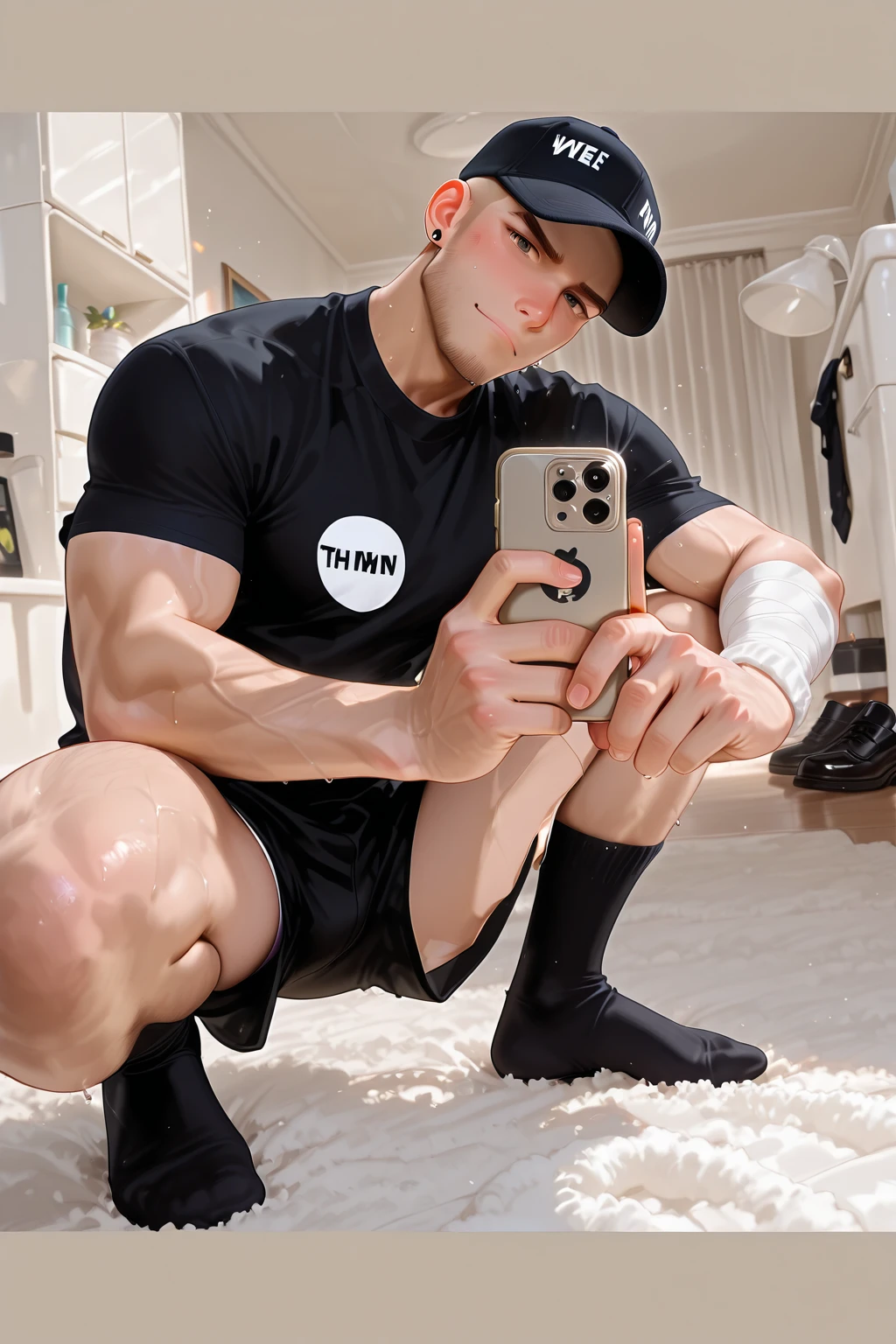 there is a man with a beard and a baseball cap on looking at his cell phone, gigachad muscular, (sfw) safe for work, robust stocky body, technoviking male with no shirt, beefy, commission for high res, fullbody commission for, beefcake pose, furry chest, thicc, highly detailed full body, attractive beefy man, hot big beefy man, big dick, dick bulge, white jockstrap, homoerotic