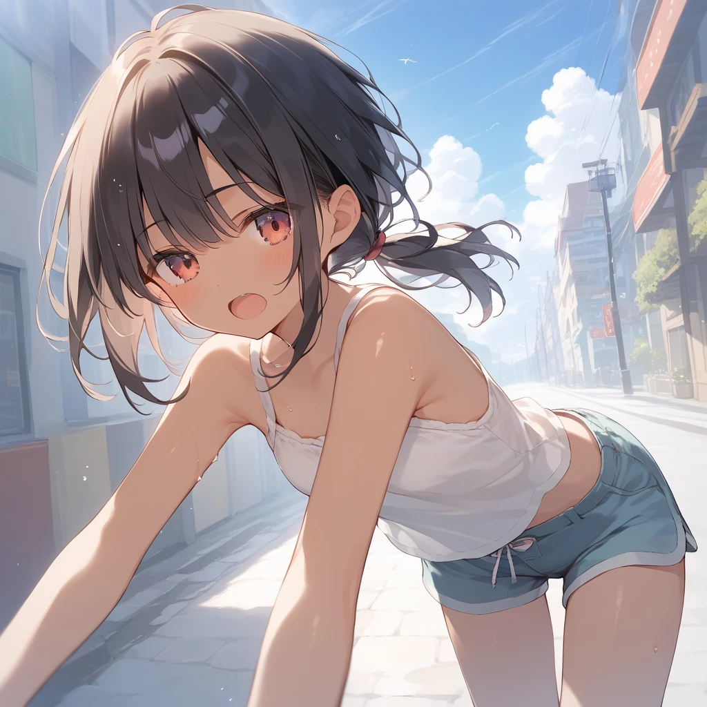 score_9, score_8_up, score_7_up, source_anime, best quality, masterpiece, official art, absurdres, highres, ultra-detailed,waifu2x,Collection: Slice of Life,break,1girl, tomboy, dark-skinned female, short hair, low ponytail, flat chest, groin, beautiful detailed eyes, shorts, sweat, open mouth, (yawn:0.3), sleepily, outdoors, wind,break,(clear line illustration:1.2), super detailed skin,very high resolution, very aesthetic, Best sexual lighting powered by famous artist, 8k, 16k, cute picture,beauty illustration,photoshop_(medium),,(Detailed Lighting),best anime 8k konachan wallpaper, pixiv contest winner,