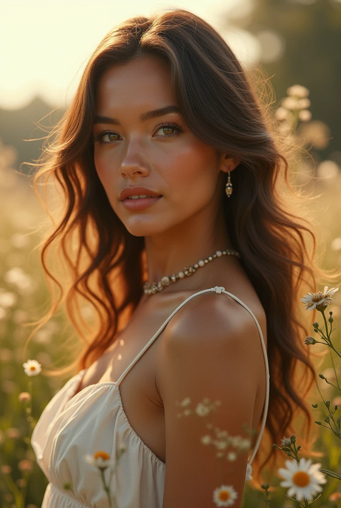cinematic photo woman, 3/4 shot, with gorgeous eyes and skin, smiling, long brunette hair with blonde highlights looks away from the viewer surrounded by white aprikot flowers BREAK white spaghetti strap dress . 35mm photograph, film, bokeh, professional, 4k, highly detailed