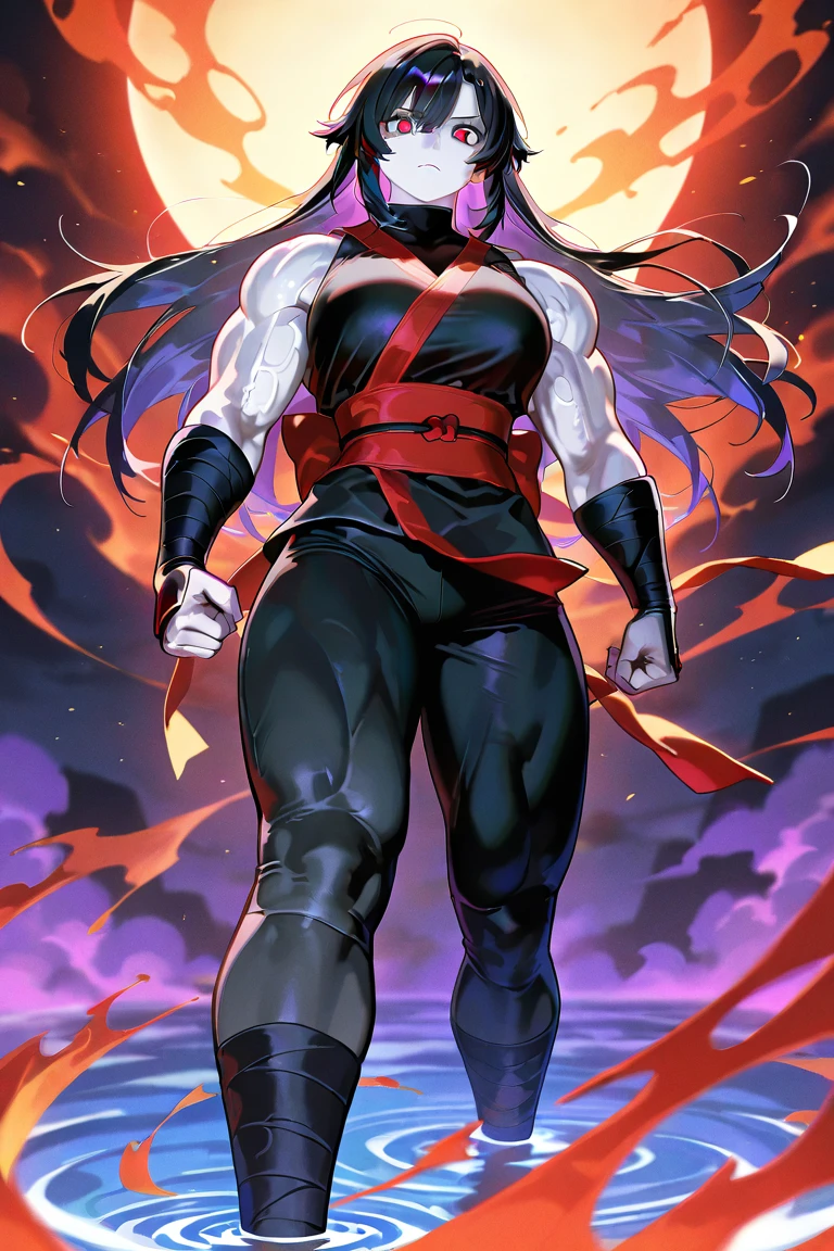 1girl,mature female,30s,sensual,black langerie,cleavage,medusa hair,pointy ears,black hair,long hair,((red skin,colored skin)),night,moon,floating,evil smile,dynamic pose,demon girl