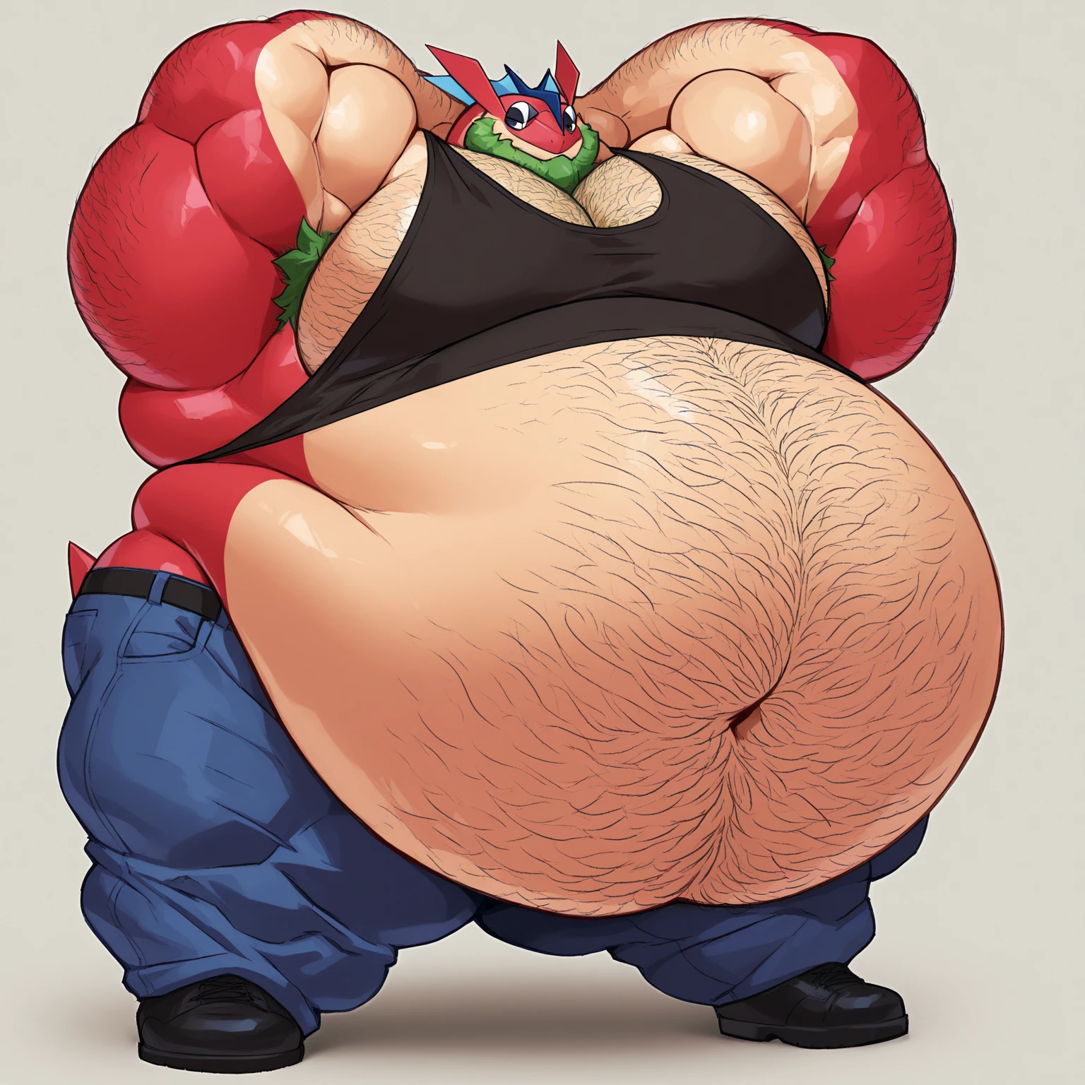 score_9, score_8_up, score_7_up, solo, male focus, muscle male, oversized orc, green skin, tusks, beard , full body , ashamed face , laying spread legs , ((( damaged red Sweatpants )) , big ass , ((( tentacles bondage ))) , backside , back side , low-angle