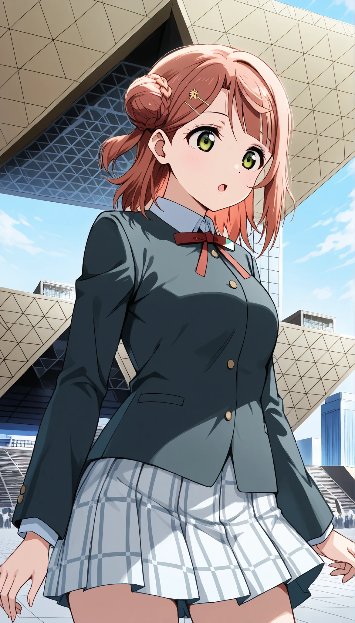a girl ,solo, ayumu uehara, bangs, hair ornament, green eyes, yellow eyes, red hair, hairclip, blunt bangs, medium hair, hair bun, single hair bun, half updo, hairpin, single side bun, braided bun,glossy lips,skirt, long sleeves, school uniform, jacket, red ribbon, black jacket, blazer, nijigasaki academy school uniform,thigh ,cowboy shot ,outdoor , Tokyo Big sight, open mouth, from below
