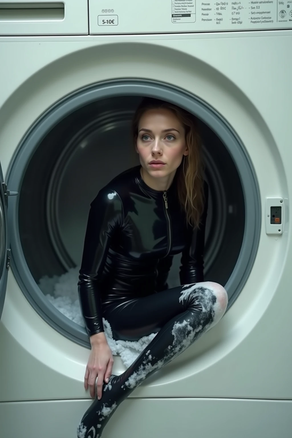 Emma watson, she is inside a statis tube, she is wearing a mirrored jumpsuit. she is asleep and covered in frost.  The tube is covered in condensation. The picture is from above