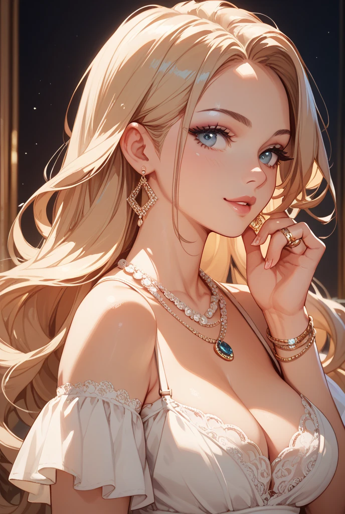 1Girl 32 years old, Long hair, midsize , looking down at viewer, blond hair, bare shoulders, brown eyes, jewellery, full entire body, necklace, off shoulders, pullover, lips, realistic, nose, flirting with the camera,