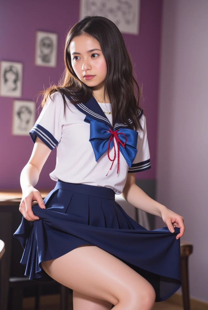 ((Japanese high school uniform)),Wear a short pleated skirt 、Silk panties sticking out、panty shot、focus on panties、Soft skin、ponytail, japanese girl, 8K, huge breasts,full body shot、 highest quality, masterpiece, realistic, Photorealistic super detail, one girl, cute, best smile, beautiful eyes, long hair, perfect face,full body shot