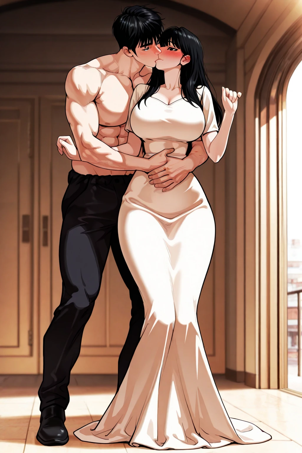 beautyfull vampire woman, milf, wavy black hair, white dress, delicate, doggystyle sex, leaning in a wall