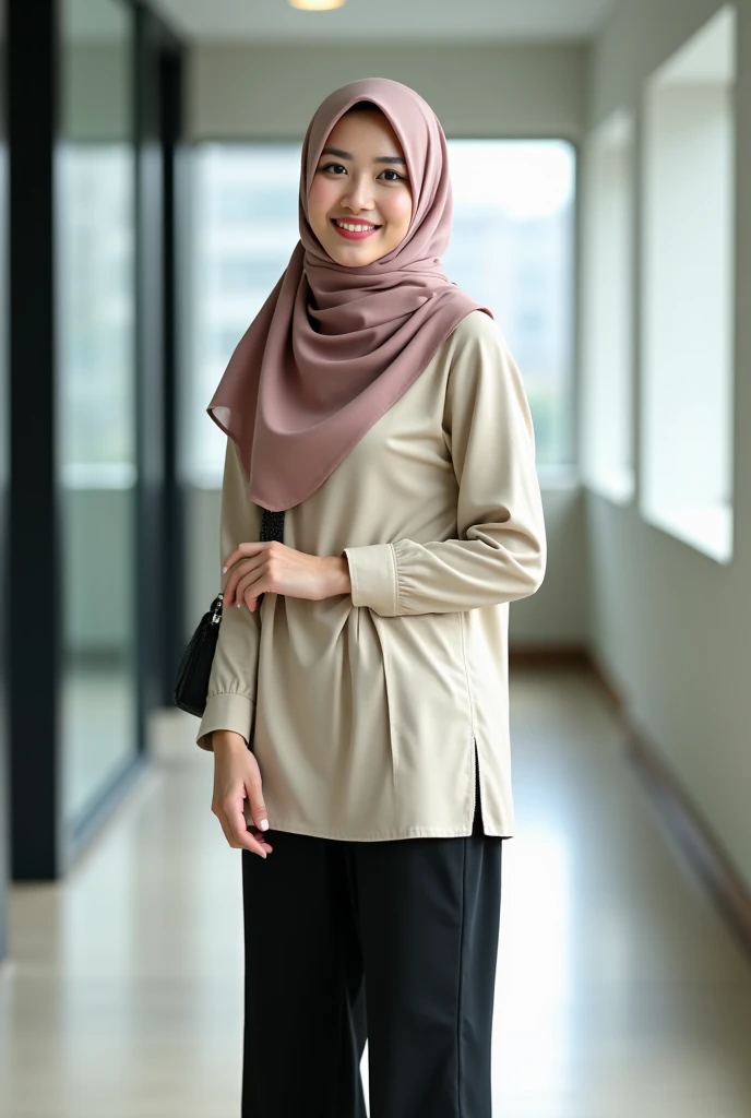 "Create an image of a plain navy blue long-sleeve women's polo shirt designed for hijab wearers, with a batik pattern on the collar, set against a framed background. Focus solely on the shirt without any person wearing it."