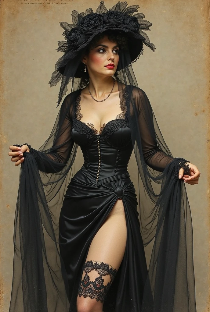 ein realistisches Farbfoto einer Frau (Eva Mendes) in einem schwarzen Kleid und einem modischen schwarzen Hut, Kleid hat einen sehr tiefen Ausschnitt, Detailed beautiful portrait, Beautiful portrait of a woman, Detailed beauty portrait, beautiful breasts, more voluptuous, Seductive, erregender Gesichtsausdruck, Verlangen, Sex, Beischlaf, geil, heiss