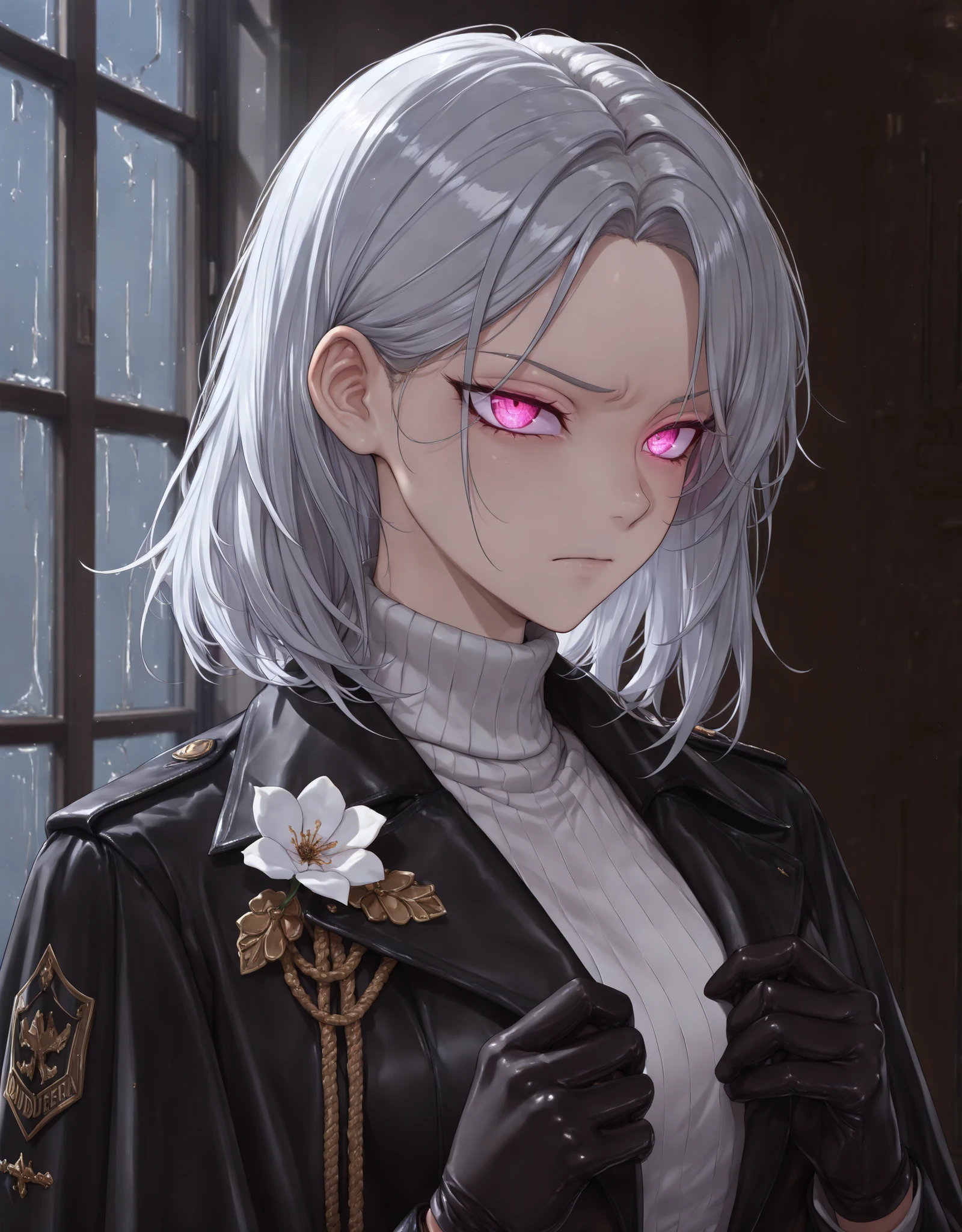 (looking at viewer, glaring at viewer, cowboy shot:1.22), kubrick stare, tsurime narrow eyes, predatory eyes, (portrait, standing at attention, disciplined, side shot, medium shot, three quarter shot:1.5), mature, (1girl:0.75), solo, masterpiece, best quality, amazing quality, very aesthetic, high resolution, ultra-detailed, (soft shading, soft shadows, volumetric light:1.14), silver hair, medium hair, exposed ear, small chest, window lighting, warm evening, sunshine, tilted head, turning head, parted hair, pink eyes, demure, soft eyes, relaxed, glowing eyes, rune eyes, white turtleneck sweater, tsurime, expressionless, glare, kuudere, jewel eyes, white flower, bleeding flower, royalty, glove, buttoning manchets, black uniform jacket cape, casual warcore, techwear, soldier, royal guard, jacket cape, aura, gentle energy waves, eye trail