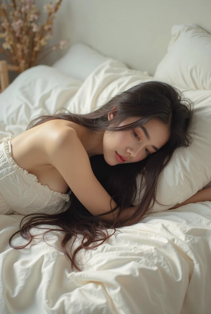 A sleeping Chinese woman, 25 years old, realistic, she wears blue jeans, a white t-shirt, and long black hair. High detail, high resolution. White skin, holding a white Pomeranian --auto --s2