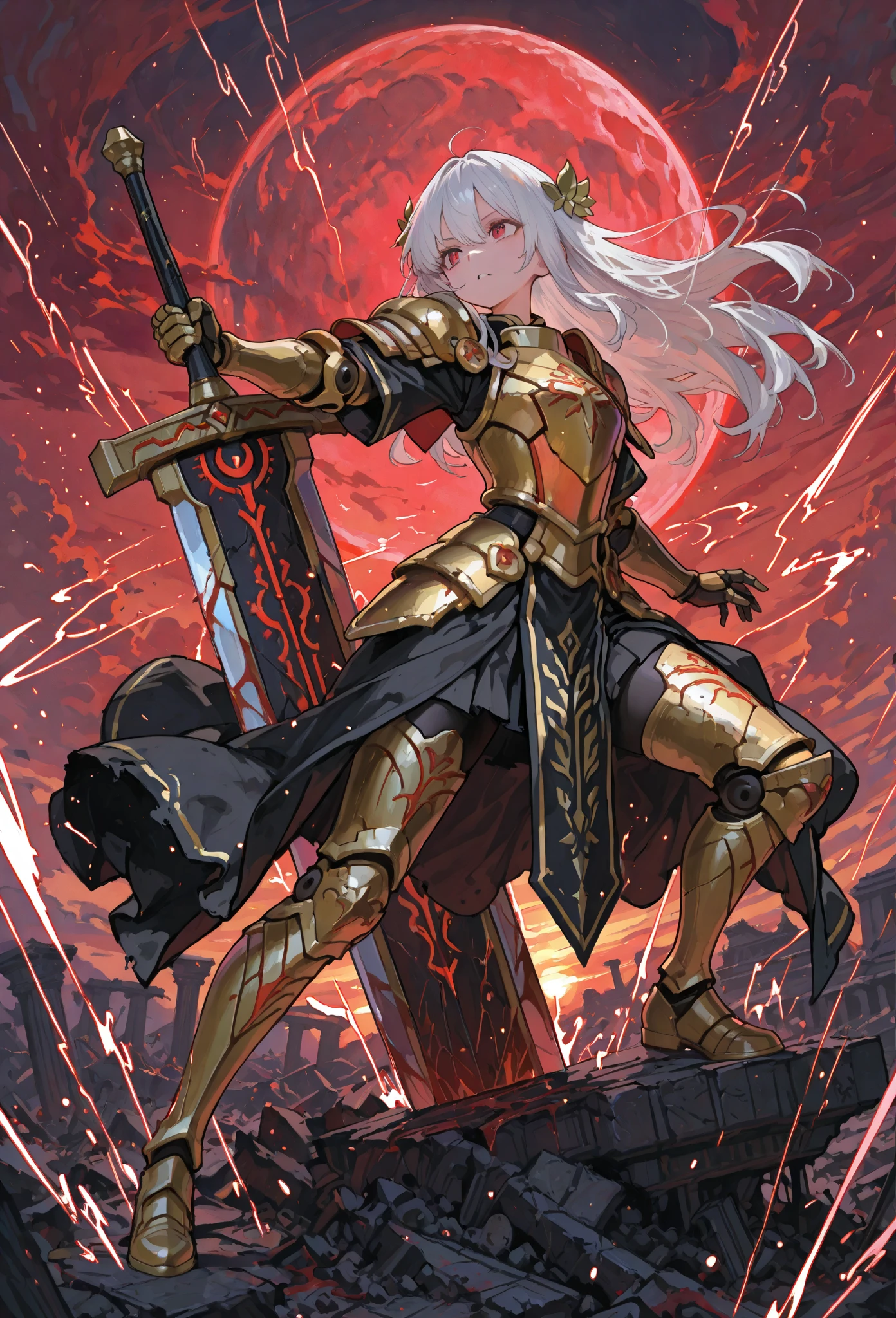 (masterpiece, Best Quality), (detailed hairs), Ultra-detailed, Anime style, Full body, Solo, Cyberpunk knight girl, gray very short boyish hair, huge cleaver sword is thrust into the earth, gold hi-tech splendid knight armor, yellow wrestler costume, velvet scarlet Mant fluttering in the wind, wearing long boots, ultra-massive, tall stylish, VERY MASSIVE. Muscular but feminine body shape, White background, standing full length, standing on burned earth,　
