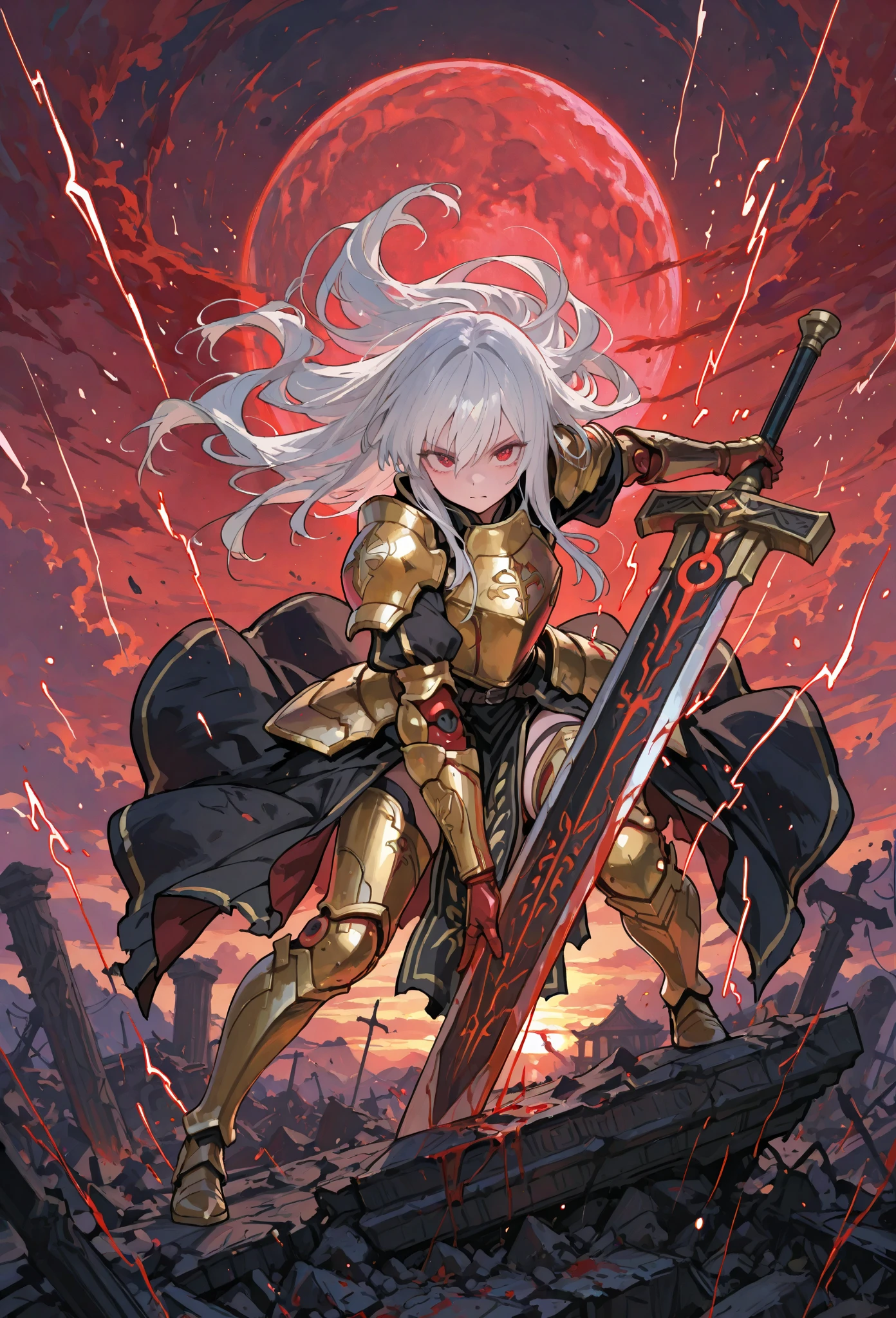 woman, blue eyes, long hair, white hair, mature, god eyes, diamond earings, glowing right eyes, two colors eyes, purple eyes, golden armor, injured, blood, dead, tears, glowing eyes, determination
