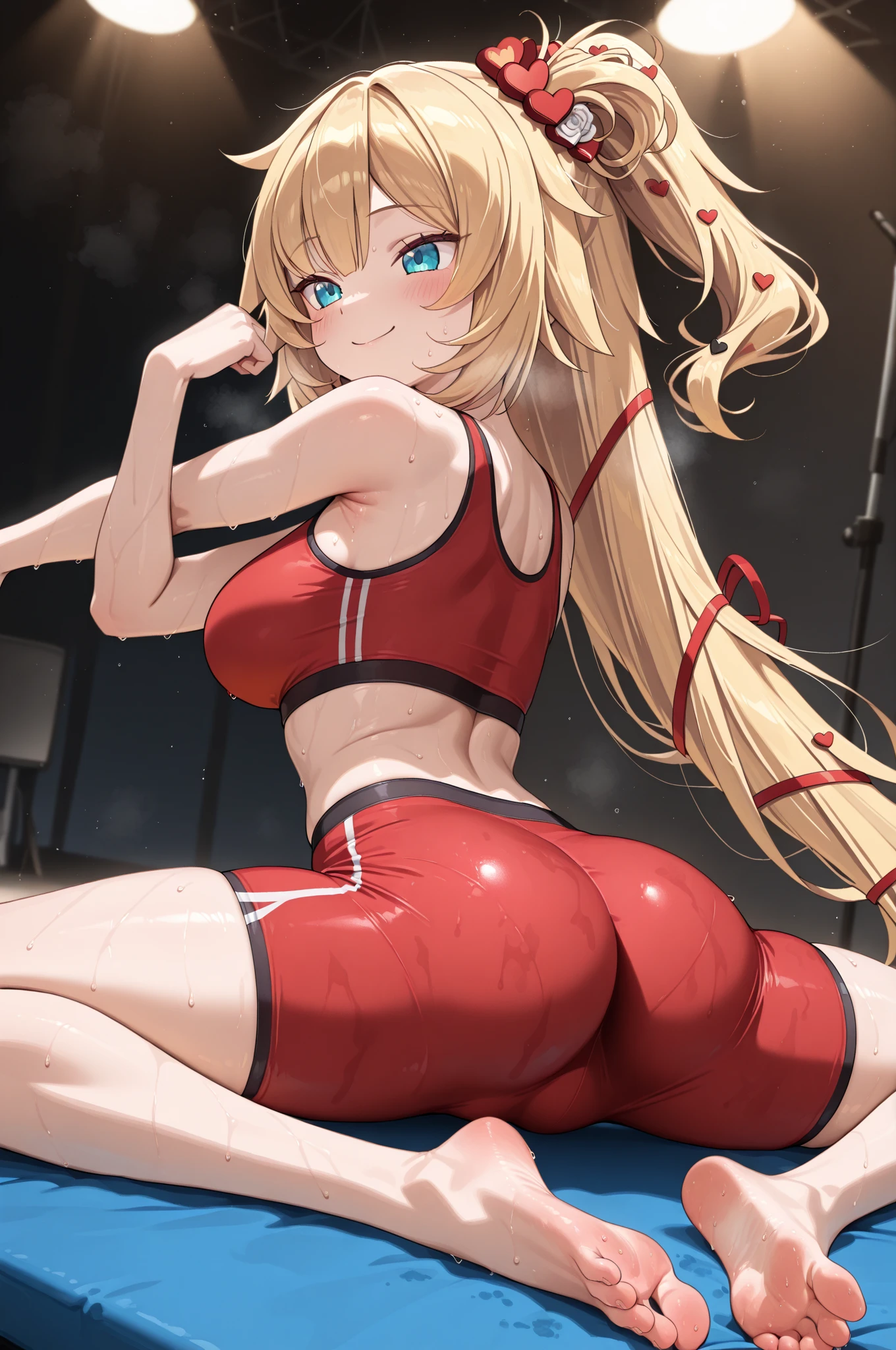 Best quality, medium breasts, curvy, dark brown skin, long blond hair, yellow eyes, slutty, gyaru, full lips, seductive, darkskin, tan, sexy smile, gym, inside gym, exercise ball, ball, sitting on exercise ball, red clothes, ball, ass, ass in shot, booty, ass on ball,yogapants, red yogapants, darkskin, red pants