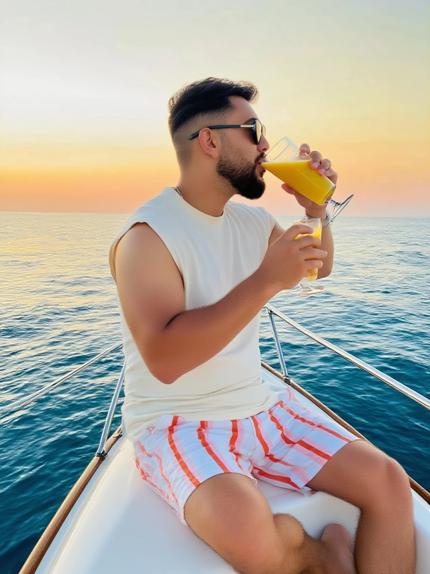 A anime man drinking coldrink🧃looking at clouds with sunrise in middle of sea