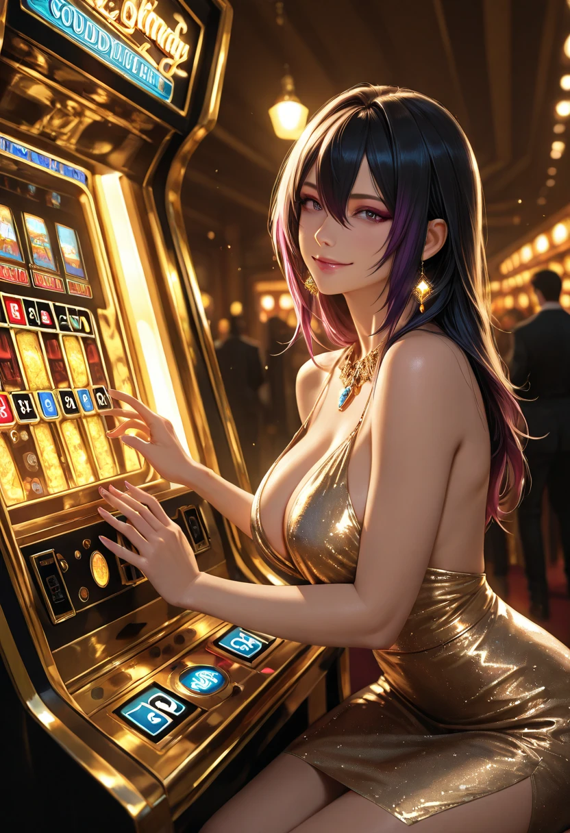 Masterpiece, best quality, 1 dealer girl, alone, look at viewer, chest, mature woman, collarbone, Random hairstyle and hair color,cyberpunk, neon light, In the building, Casino, fashion dress, depth of field, Extremely happy expression, Gives you the feeling of winning big., Big smile,