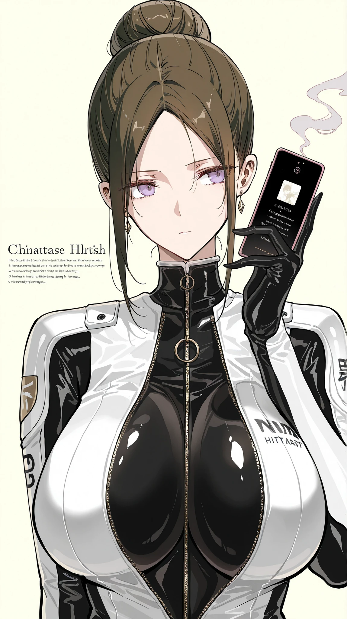 dark_art_style,chinatsu 18, brown hair, parted bangs, hairbun, purple eyes, huge breasts,,artist:kazutake_hazano, artist:danimaru,[artist:ask_(askzy)], artist:wanke, artist:wlop, artist:fujiyama, artisit:yuyu_(yuyuworks)，artist:hiten_(hitenkei),atrisit:dishwasher1910,in style of ashley wood,in style of Alex Hirsch,in style of American McGee,1girl biker_clothes bikesuit black_bodysuit bodysuit breasts cellphone cleavage dullahan english_text from_above hand_up headless holding holding_phone medium_breasts no_headwear partially_unzipped phone simple_background smartphone smoke solo upper_body yellow_background zipper_pull_tab