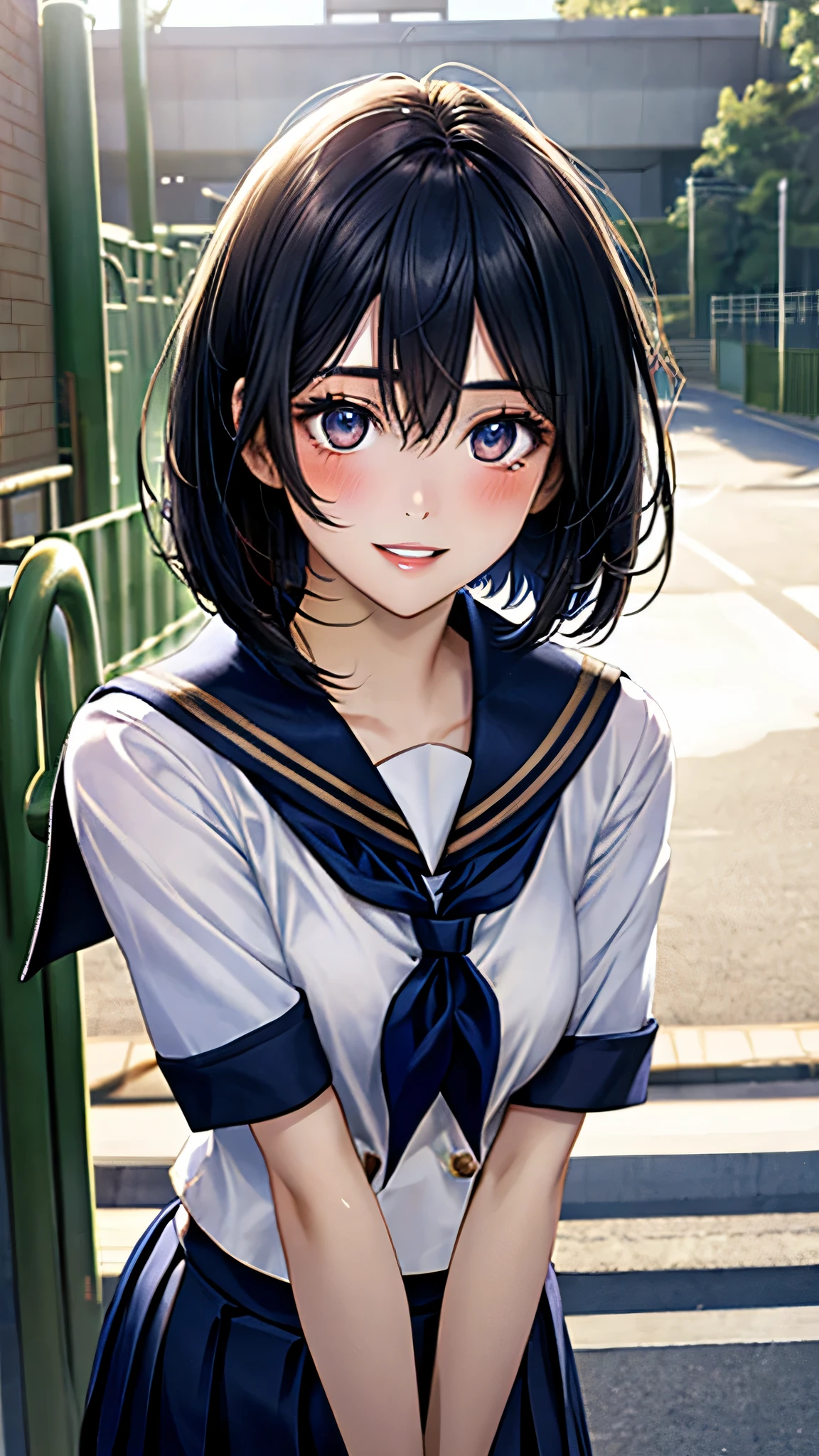 (masterpiece:1.3, top-quality), (ultra-high resolution, ultra detailed), realistic, photorealistic:1.4, beautiful illustration, perfect lighting, natural lighting, colorful, depth of fields, nsfw,
beautiful detailed hair, beautiful detailed face, beautiful detailed eyes, beautiful detailed hand, perfect anatomy, anatomically correct, (super detailed skin), white skin, shiny skin, 
looking at viewer, (face focus, upper body), 1 girl, high school girl, cute and symmetrical face, perfect face, perfect eyes, perfect body, babyface, cute face:1.2, tiny, 
(short hair:1.5, bob cut:1.4, black hair), hair between eyes, gold eyes, big eyes, drooping eyes, long eye lasher, (medium breasts, seductive thighs), slender, skin dentation, outstanding style, 
detailed cloth texture, (navy pleated mini skirt, navy sailor collar with white lines, short sleeves, navy neckerchief, navy 4 buttons), white kitauji high school uniform, 
(beautiful scenery), summer day, evening, (school gate:1.5) walking, (cute smile, parted lips),