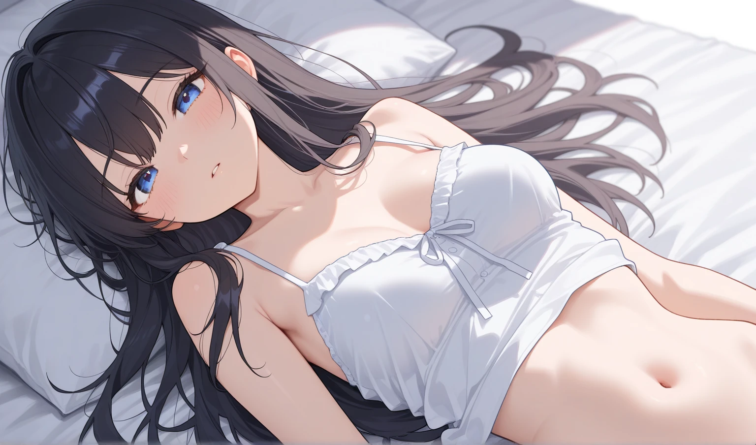 (A superb exquisite Chitanda Eru), (mature face), intricate details, (finely detailed beautiful eyes: 1.2), purple eyes, long black hair, natural straight hair, straight bangs, (1girl), [Small_breasts: large_breasts: 0.5], extremely delicate, peerless beautiful girl, dreamy quality, solid color, bright lips, slender waist, straight curves, soft lights and shadows, super fine, 8K HD, (masterpiece:1.4, top quality, best quality, official art, beautiful and aesthetic:1.2), (((sexy smile, idol, lying on floor, white background, on stage, puffy skirt, wave)))