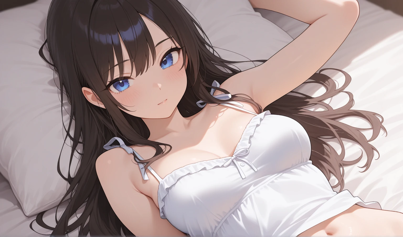 (8K、Raw photography、top-quality、​masterpiece:1.2)、Illustration Touch、ultra-detailliert、超A high resolution、1 fair-skinned girl、dark brown  hair、azure eyes、On the futon、White transparent underwear、Upbeat cheeks、Kiss Face